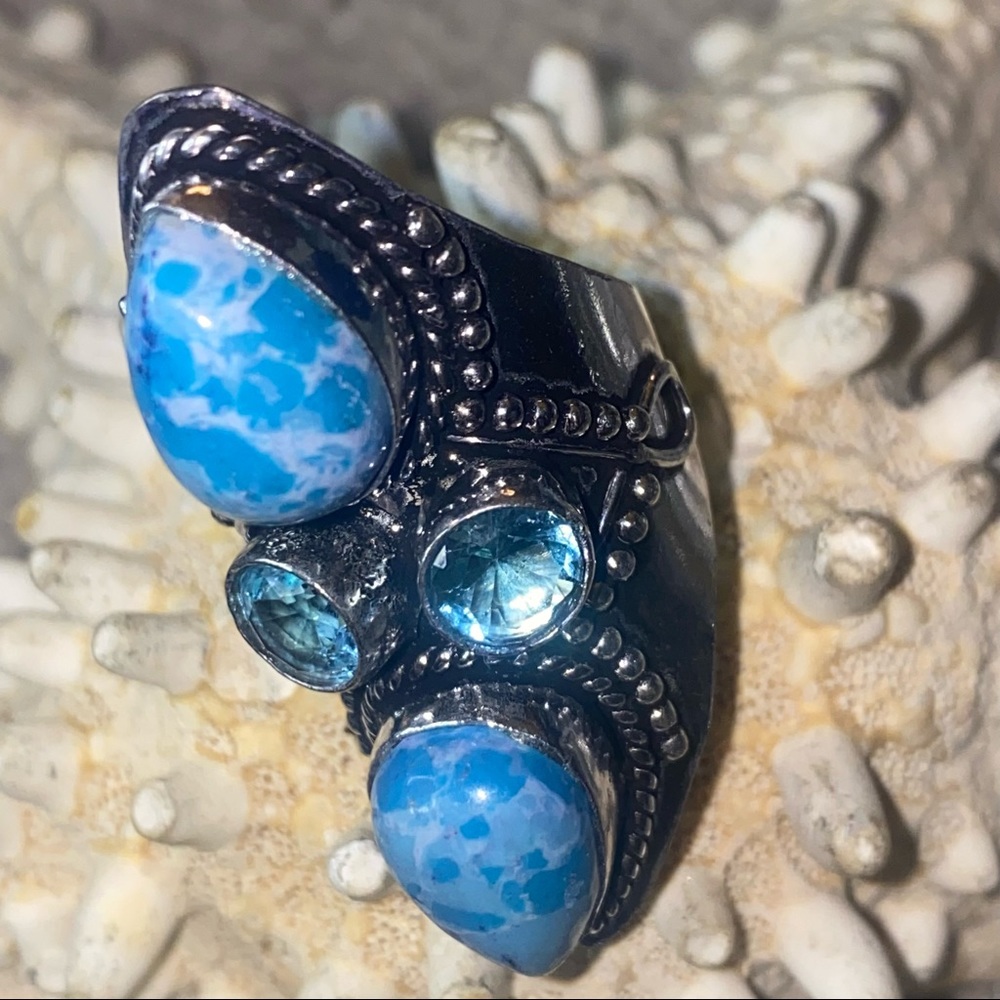 Mosaic Jasper + blue topaz handcrafted Renaissanse ring